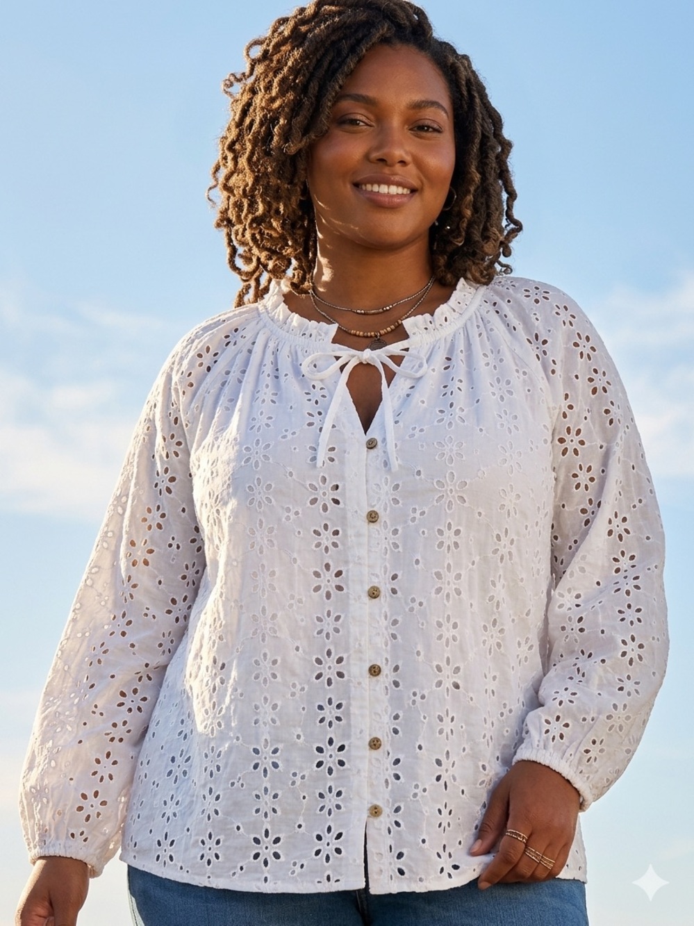 Nine West White Eyelet Blouse. Quiet Luxury, Boho Chic